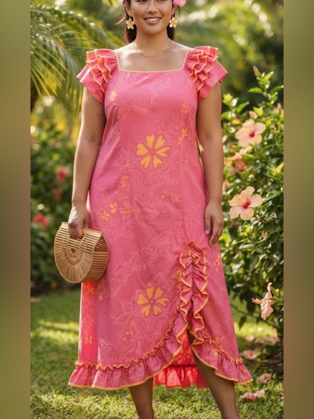 Vintage Royal Creations Hawaiian Tropical Print Muumuu Dress Hot Pink Orange XL
